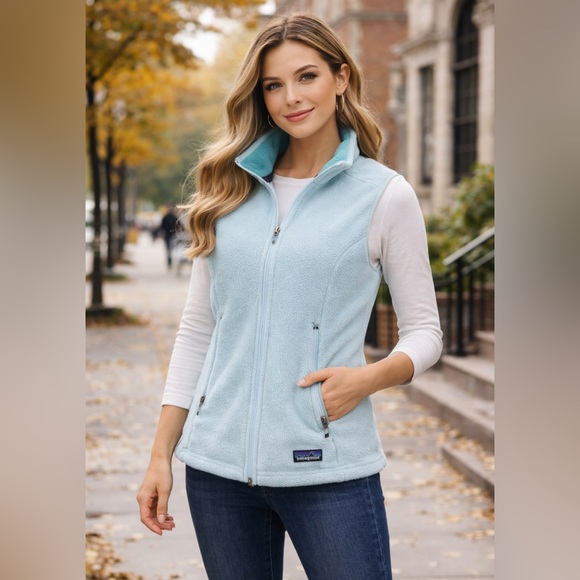 Patagonia Jackets & Blazers - Patagonia Light Blue Fleece Vest Womens Medium Zip Pockets